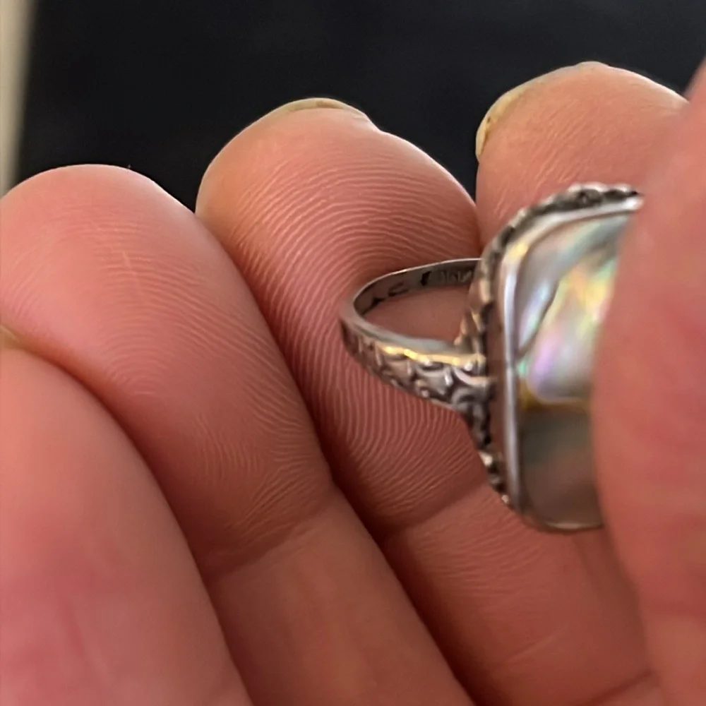 Antique stamped Sterling Silver handcrafted mother three of pearl ring size 6.75
